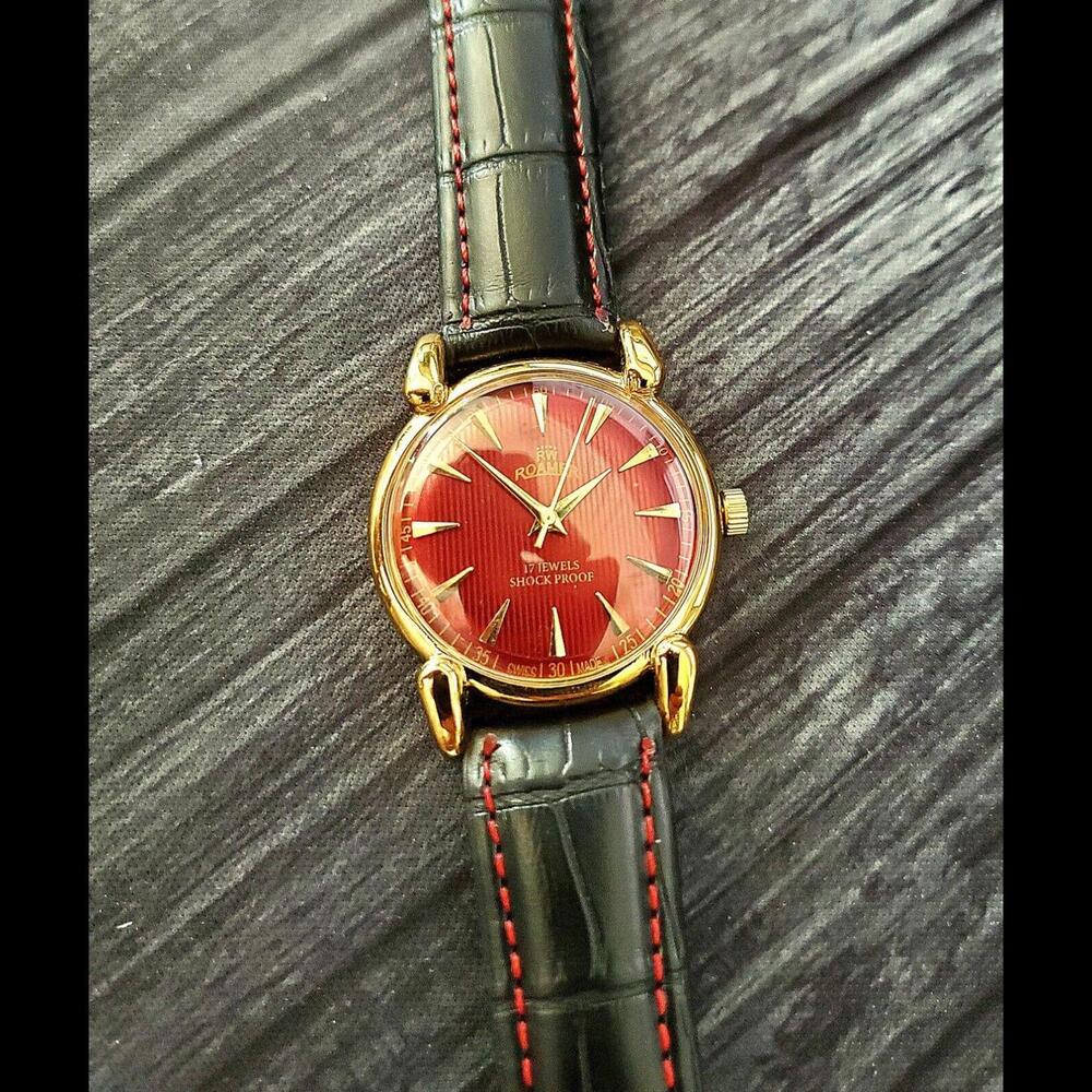 Rare Roamer Brevete Swiss Manual Mens Watch Gld‎ Red Blk